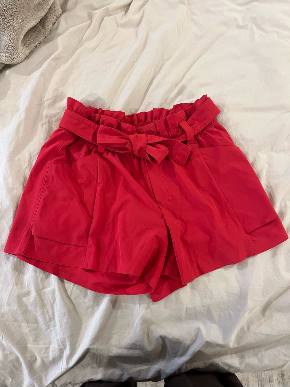 Athleta Red High-Waist Paperbag Tie-Belt Shorts